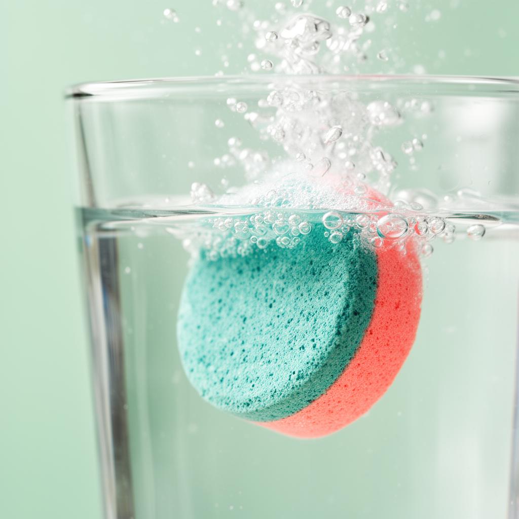 Macro of CRISP tablet fizzing in water
