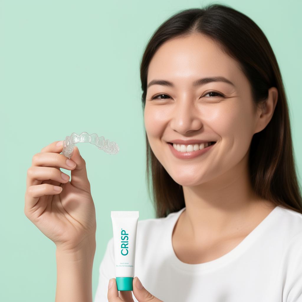 Holding a crystal-clear aligner up to the light